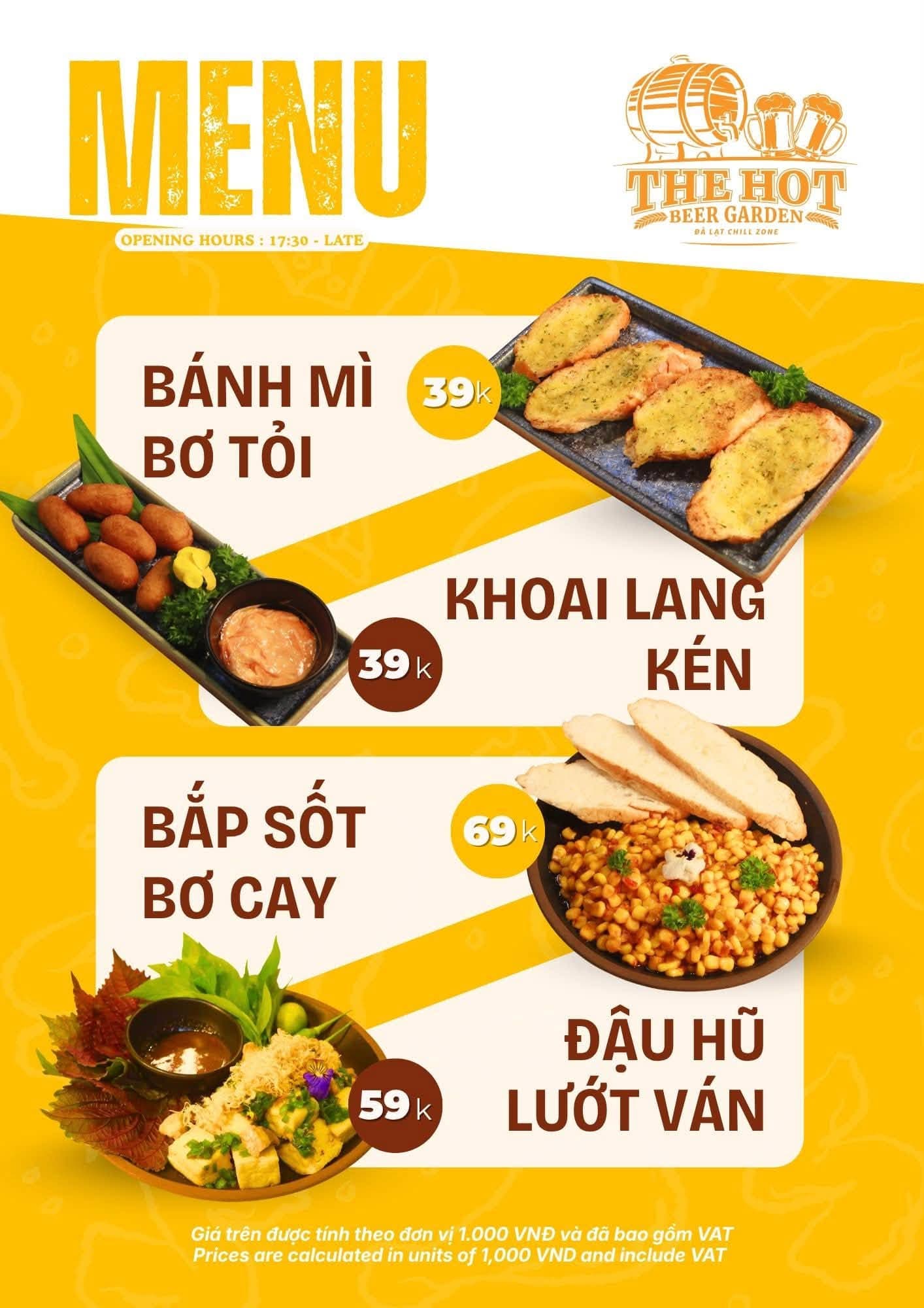 Menu món mới gồm bánh mì bơ tỏi, khoai lang kén, bắp sốt bơ cay và đậu hũ lướt ván