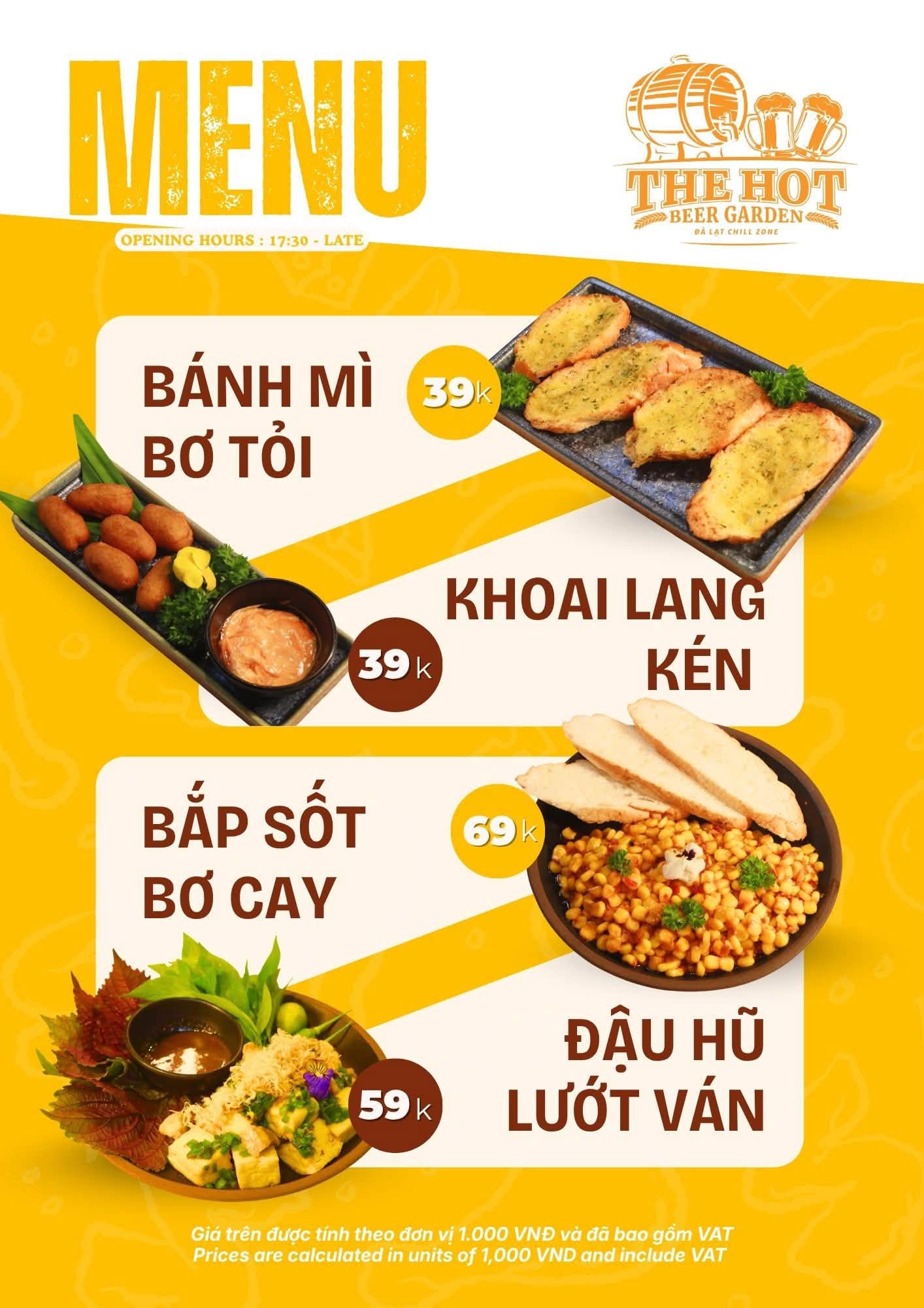 Menu món mới gồm bánh mì bơ tỏi, khoai lang kén, bắp sốt bơ cay và đậu hũ lướt ván